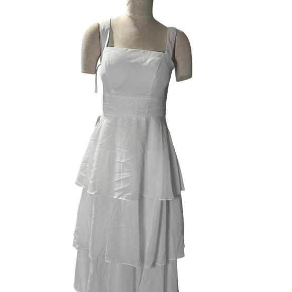 White Tiered Ruffle Maxi Dress Square Neck Lace Up Back Bridal Summer Gown - Picture 2 of 3